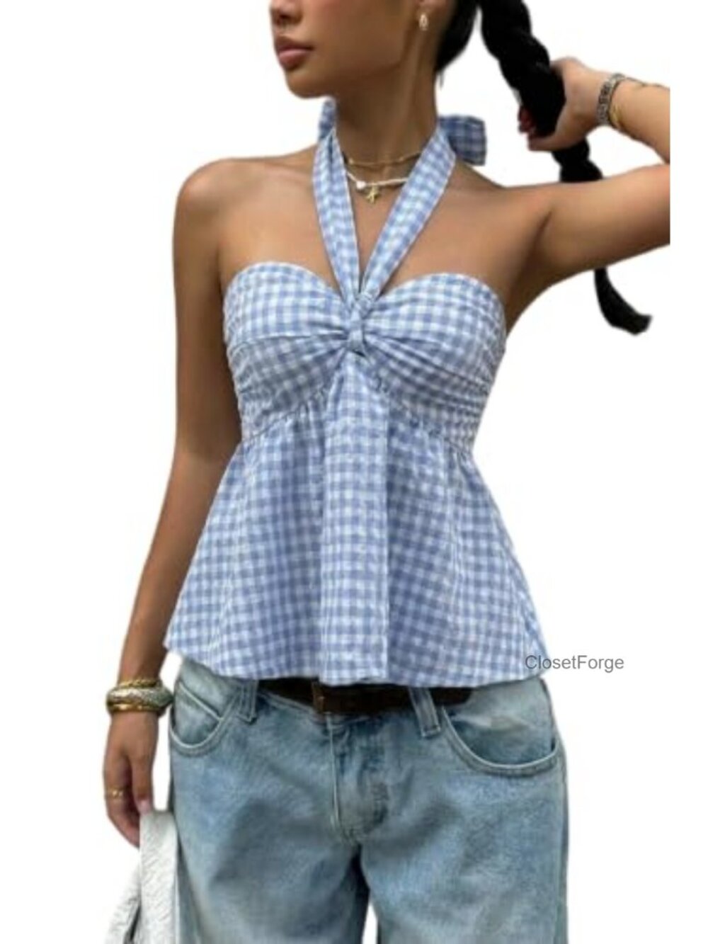 Halter Tie Front Gingham Top Shirred Backless Plaid Tube Top